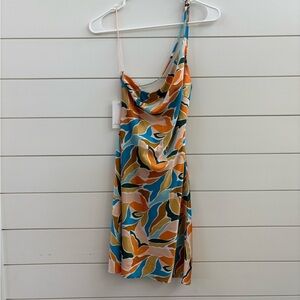 Emory Park One Shoulder Dress in Orange, Blue, and Cream
